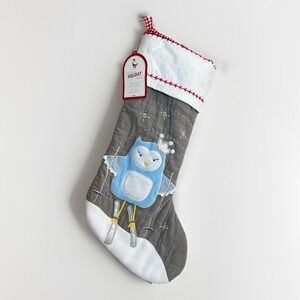 Pottery Barn Kids Gray Blue Quilted Stocking Skiing Owl Christmas  20"x 11" NEW